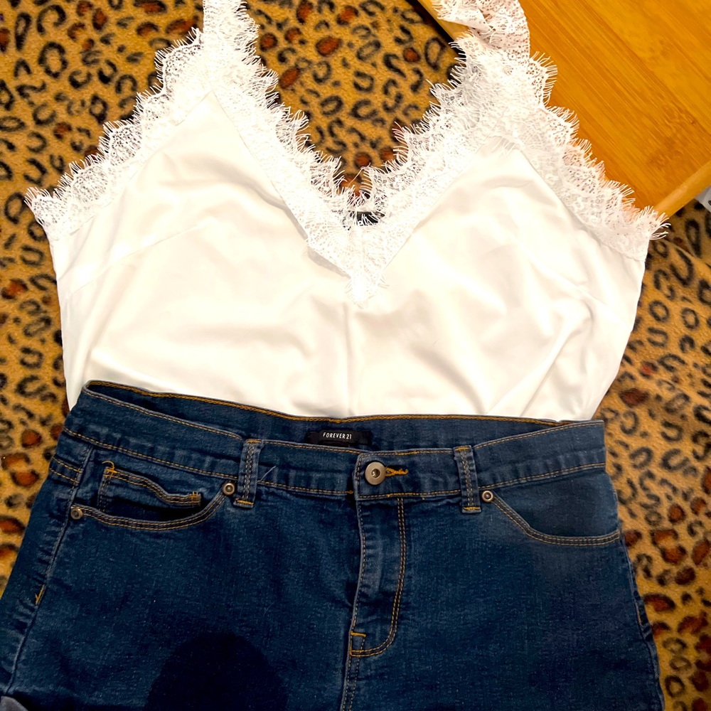 White blouse with Forever 21 jean shorts.